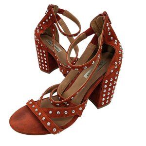 Studded Suede Block Heels Sandals Chunky Rust Boho Western Festival Y2K Size 8